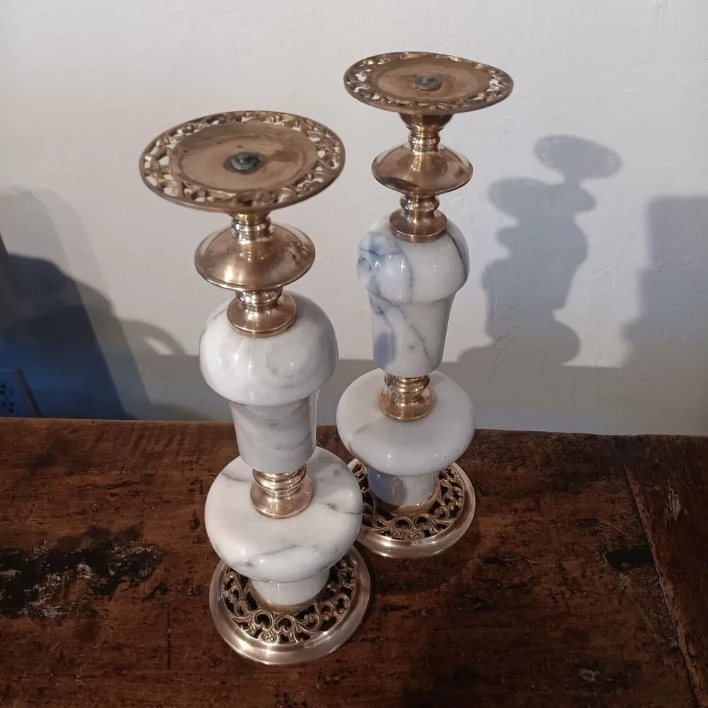 VTG 50-60's Marble and Brass Candle Holders Pair 2 MCM Hollywood Regency Italy